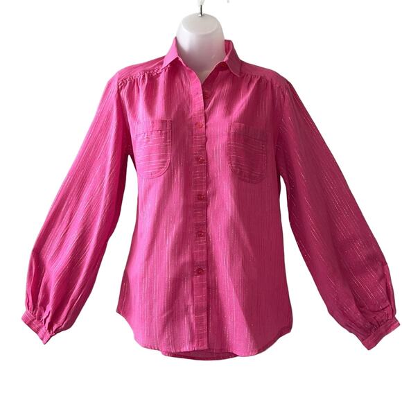 VINTAGE 1980’s Dead Stock Mais Oui! Pink Lurex Stripe Blouse Size Medium - Picture 1 of 6